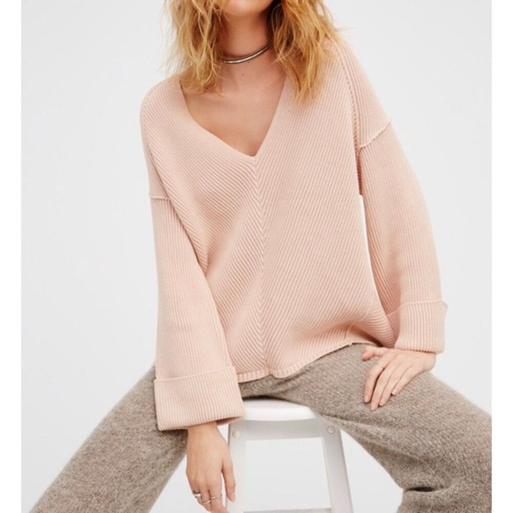 Free People La Brea V Neck Sweater, Pale Pink, Size XS